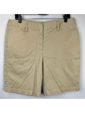 Lands End Bermuda Chino Shorts Khaki Mid Rise Pockets Flat Front Size 12